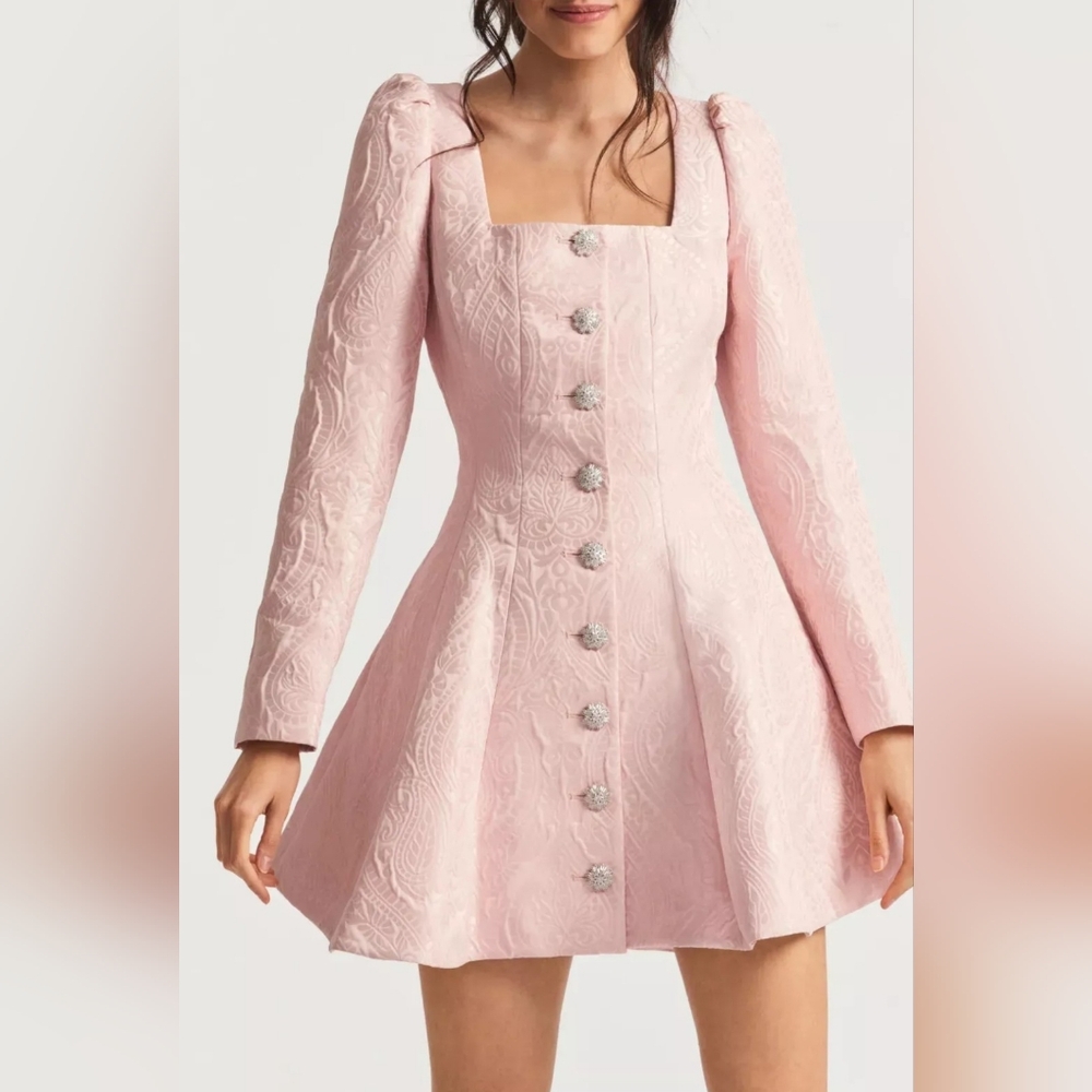SOLD **LoveShackFancy 🩷 6 Haveri Lt Pink Brocade Sqaure-Neck Crystal ButtonS